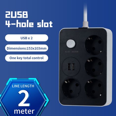 Multiprise européenne 4 Schuko + 3 ports USB (Type-C + USB-A), avec interrupteur, câble 2/3m（noir） (1/5)