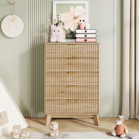 Commode 5 tiroirs 73x40x108 cm – Structure bois massif – Finition rotin naturel – Style bohème scandinave – Idéal chambre, salon, entrée et bureau