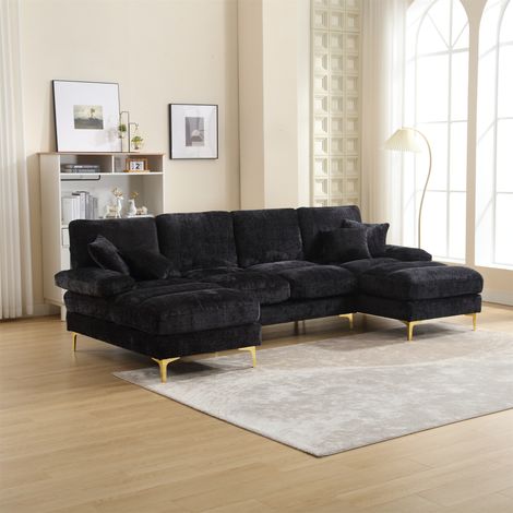 U-Shaped Sectional Sofa – Modular Corner Couch with Double Chaise, Soft Chenille Fabric, Customisable Layout – Luxurious Large Living Room Furniture(Black) (1/5)