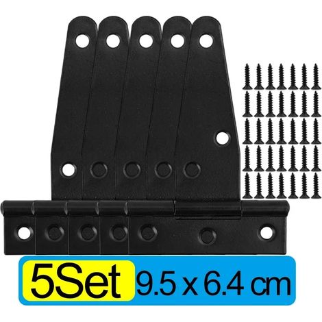 (Lot de 5 - 9,5 x 6,4 cm) Charnières en fer en forme de T, robustes, noires, pour portes, portails, armoires, granges, pièces, etc., avec vis et supports de fixation. (1/5)