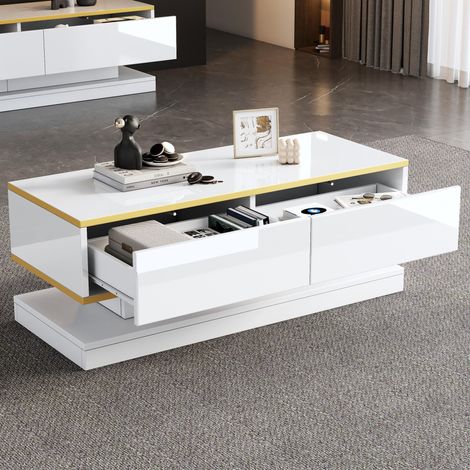 Table basse laquée brillante 100 x 50 x 38 cm, table d'appoint avec 2 grands tiroirs, table de salon originale, blanc chaud avec bordure dorée, table basse avec plateau étroit et large plateau et base
