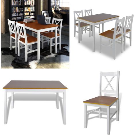 5-tlg. Essgruppe Braun und Weiß - Esstisch - Essgruppe - Holztisch - Kiefernholz - Esszimmermöbel - Home & Living (1/5)