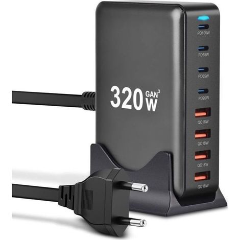 Chargeur USB 8 ports 320W – 4 USB-C + 4 USB-A – GaN – MacBook, PC, iPhone, Samsung (1/4)