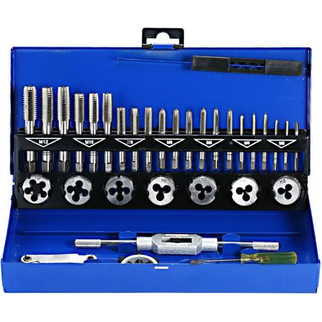 Tap and die set, 32-piece HSS tap and die set, M3-M12 metric cutting wrench, manual threading tool, gray (1/5)
