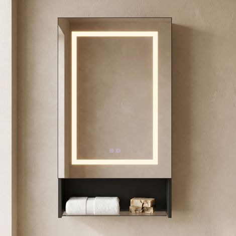 Armoire salle de bain avec miroir LED, meuble rangement mural, antibuée tactile, 3 étagères réglables, mobilier salle de bains moderne, 50x88x16cm, Noir