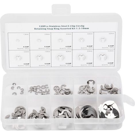 120pcs E Clip Rondelle En Acier Inoxydable Anneau De Retenue Externe Circlip Assortiment Kit 1.5mm-10mm (1/4)
