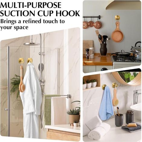 Crochets à ventouse pour douche – Réutilisables, sans perçage – Pour crochets pour serviettes, peignoirs et luffa sur métal, verre, miroirs, carrelage et surfaces lisses non poreuses (lot de 2, or bro (1/3)