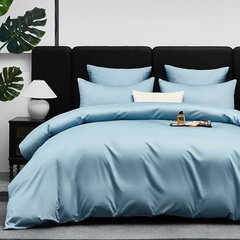 Coton Housse de Couette 240x260 Satin de Coton Bleu Clair 100% Coton Doux Soyeux Respirant Lyocell Soie Parure de Lit Satin Linge de Lit avec Fermeture Éclair et 2 Taies d'oreiller 65x65cm (1/5)