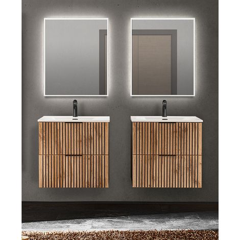 Waschplatz Set Rillenfronten mit 2 Waschtischen je 61 cm, 2 LED Spiegel XANTEN-56 in anthrazit mit Eiche Nb., B/H/T: ca. 140/200/46 cm (1/5)