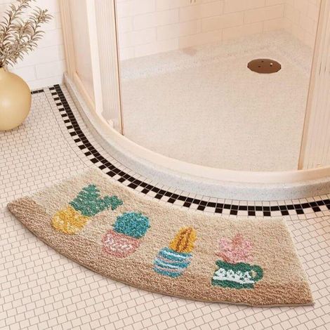 Tapis de salle bain rond lavable et antidérapant doux confortable absorbant l'eau en forme d'éventail imitation cachemire (1/4)