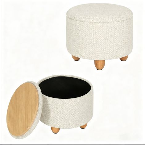 Pouf contenitore rotondo in lino grigio crema con gambe in pino 39 x 39 x 33 cm (1/5)