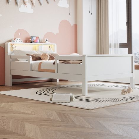 Cama individual 90x200 cm de madera blanca con LED, USB-C y cabecero con balda (1/5)