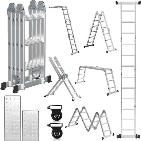 Randaco Escalera articulada multiusos 7 en 1 de aluminio, 4x3 peldaños, aprox. 360 cm / 3,6 m, plegable, 2 plataformas + 2 ruedas, carga máxima 150 kg (1/5)