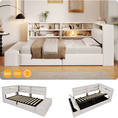 Lit rembourré - 90x200 cm - Éclairage LED intégré - Ports USB et Type-C intégrés - Fonction convertible - velours et MDF - blanc (1/5)
