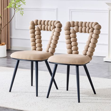 Lot de 2 chaises de salle à manger en velours camel, dossier ajouré géométrique, pieds métal noir (1/5)