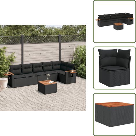 The Living Store Salon de jardin 7 pcs avec coussins noir résine tressée - Ensemble Salon De Jardin - Meuble Extérieur - Jardin Design - Mobilier De Jardin - Chaise Lounge