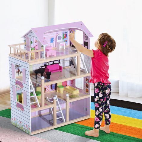 Maison de poupée en Bois Jeu d'imitation 4 Étages pour 3+ ans avec 13 Accessoires Grand réalisme Multi-équipement 60L x 30l x 80H cm Blanc et Rose (1/5)
