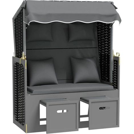 Chaise de plage rembourrée, rotin en polyéthylène, bois massif, noir anthracite (1/5)