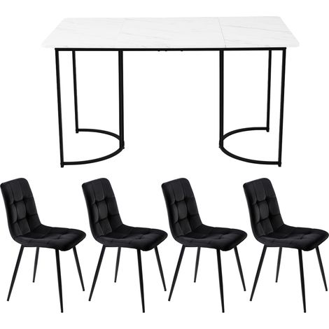 Modernes 5-teiliges Esszimmer-Set Tisch 140 x 80 cm mit 4 Samtstühlen Weiß/Schwarz (1/5)