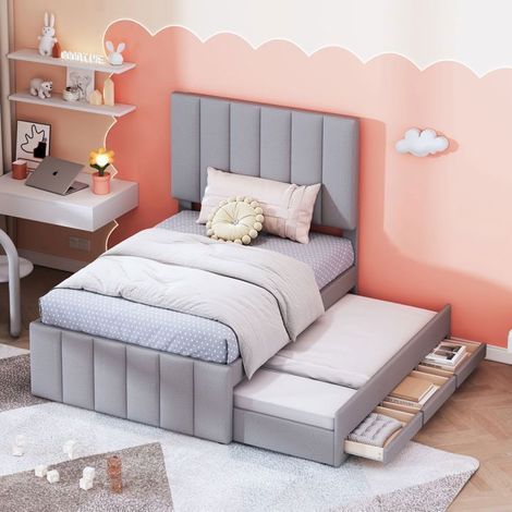 Lit gigogne 90x190 cm Tissu lin doux - Lit double - 3 tiroirs de rangement, Tête de lit réglable en hauteur, Design élégant, Gris (1/5)
