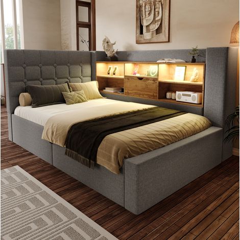lit adulte rangement LED 90x200 lin gris avec charge OKMYHOME (1/5)
