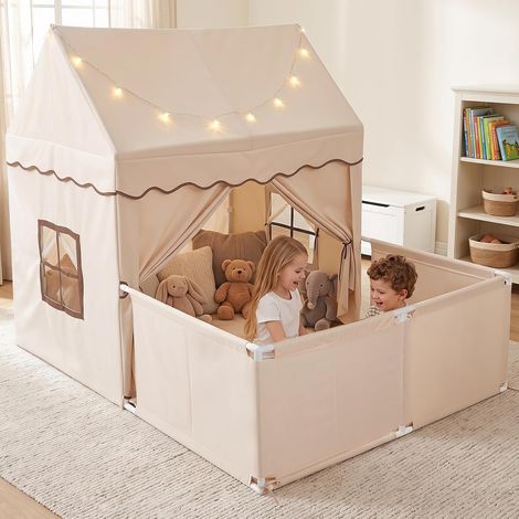 COSTWAY Tente Enfant Intérieur avec Parc & Lumières Étoilées (Marron) (1/5)