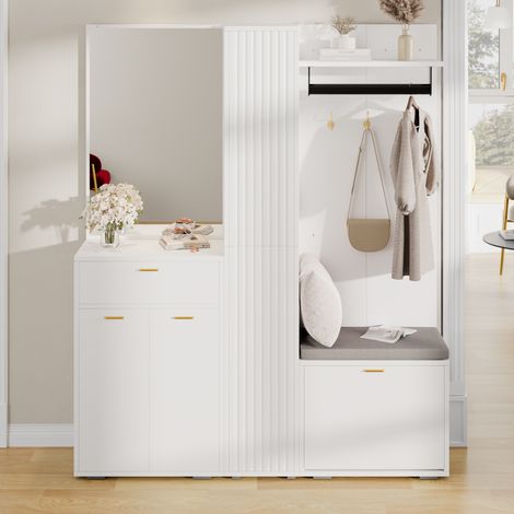Garderobenschrank mit Spiegel, 3 Türen, Kipp-Schuhfach, Sitzbank, Schublade und Kleiderstange, Weiß 150 × 36 × 180 cm (1/5)