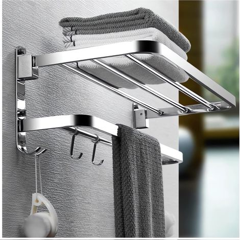 Porte-serviettes double barre pliable mural avec 5 crochets, 40x24x19,5 cm, acier inoxydable SUS 304, rotation 90°, étagère de rangement, imperméable (argent)