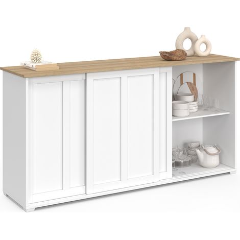 Sideboard 160 cm JANGO 3 Schiebetüren weiß und Holzplatte