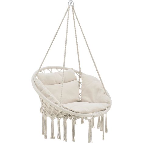 Hamac siège rond avec coussin chaise suspendue jusqu'à 150kg d'assise 60 cm crème