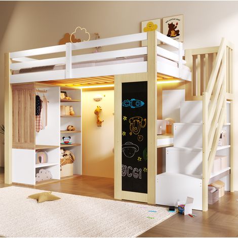 Hochbett 90/200 cm in Weiß und Natur mit Schreibtisch, Kleiderschrank, Regalen und LED (1/5)