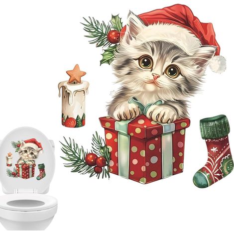 Stickers pour toilettes siège de toilette chat , muraux avec bonnet Père Noël amovibles , décoration