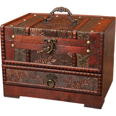 Boîte à bijoux vintage en bois avec miroir, idéale pour ranger colliers et boucles d'oreilles. (1/5)