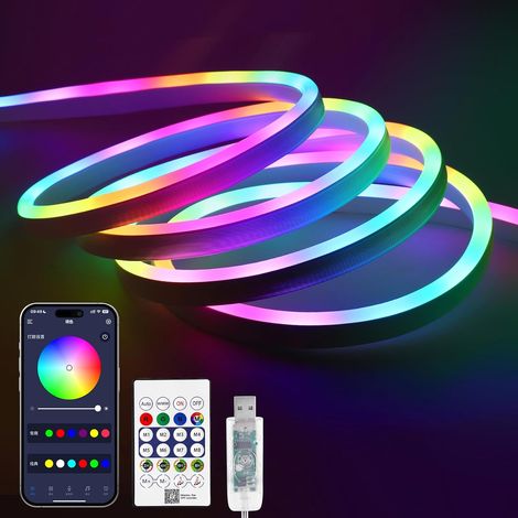 5m RGB IC Neon Ruban LED, USB 5V Flexible Bande avec App Intelligente et Télécommande, Couleurs Dynamiques, Segmentées, Ruban LED Adressable pour Rétroéclairage Chambre, Salon (1/5)