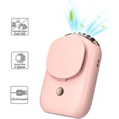 Mini ventilateur de cou silencieux rechargeable par USB avec miroir de maquillage intégré, 3 vitesses de ventilation réglables, idéal pour la marche, la pêche et le fitness.