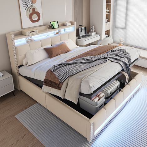 Cama tapizada 180x200 cm beige de tejido tipo lino con USB y almacenaje (1/5)