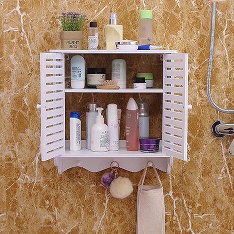 Gojoy – Meuble de rangement mural salle de bain 2 niveaux – Blanc – Support mural – Dimensions 37x20x40.8cm – Matériau PVC étanche (1/5)