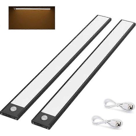 Lot de 2 lampes LED pour placard, 40 cm, sans fil, rechargeables par USB, magnétiques, avec détecteur de mouvement, 3 modes d'éclairage, portables, blanc chaud 3000 K, noires (1/5)