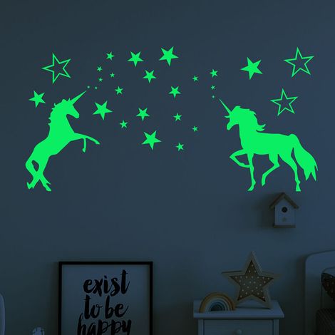 Paire d'autocollants muraux lumineux licorne pour chambre d'enfant avec décoration lumineuse dans le salon et la chambre à coucher, phosphorescente - Autocollants combinés à faire soi-même, (1/5)