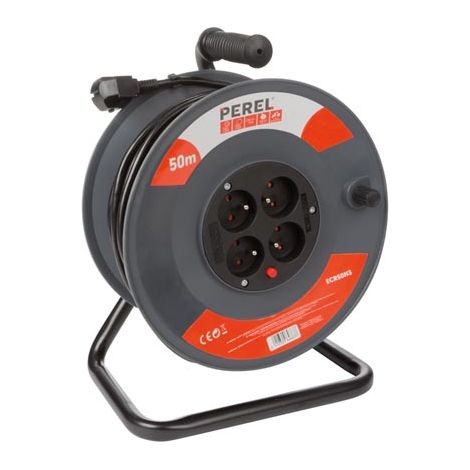 Perel Carrete de cable, uso interior, 4 enchufes con tierra francesa, interruptor de circuito térmico, 50 m, 3g1.5, gris