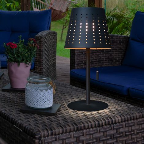 Lampe de table, lampe solaire, éclairage extérieur, lampe de terrasse, USB, batterie rechargeable, dimmable, interrupteur à tirette IP44, anthracite, 1x LED 2W 155Lm 3000K, DxH 14x30cm