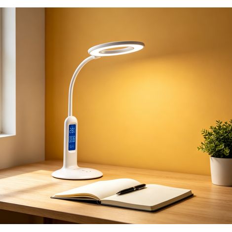 Lampe de table LED multifonction blanche 7W, 2700-6500K, horloge et température intégrées, éclairage pratique pour bureau