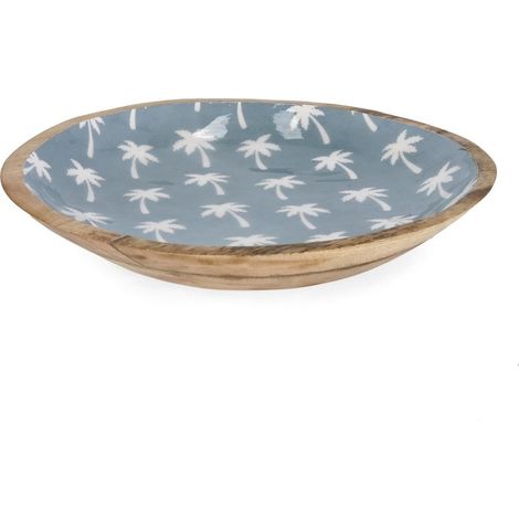 Bizzotto ciotola Keran bassa azzurra Ø38x6,5h con decoro palme in legno di mango