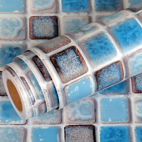 Papier Peint Bleu Credence Adhesive pour Cuisine Carrelage Adhesif Mural Salle de Bain Autocollant Mosaïque Épaissir Imperméable Vinyle Amovible Rouleau pour Credence Évier Meuble 40CM X 2M (1/5)