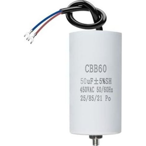 Condensateur CBB60 450 V 50 µF 50/60 Hz, condensateur de démarrage, condensateur CBB60, condensateurs, avec fils M8, 50 x 106 mm, 50 µF, pour moteurs, pompes de piscine, fendeuses de bûches (1/4)