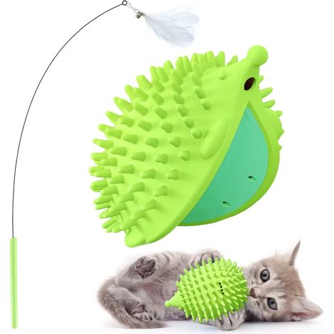 Katzenmassage-Set mit 96 cm langem Katzenfeder-Spielzeug und igelförmiger Eckbürste für interaktives Spielen mit der Katze (Grün)