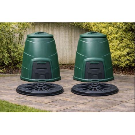 220L Green Garden Compost Bins with Base Plates, Outdoor - 2 Pack