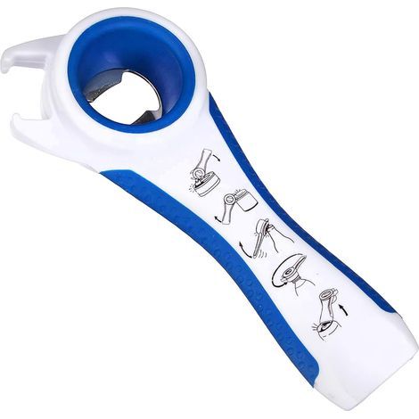 5-in-1 Allzwecköffner: Flaschenöffner, Dosenöffner, Alltagshelfer mit ergonomischem Griff für Rechts- und Linkshänder, weiß und blau. (1/5)