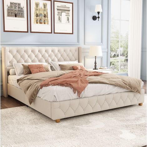 DESVIAE Lit rembourré 160 x 200 cm avec tête de lit capitonnée beige en lin avec sommier à lattes et détails cloutés (1/5)