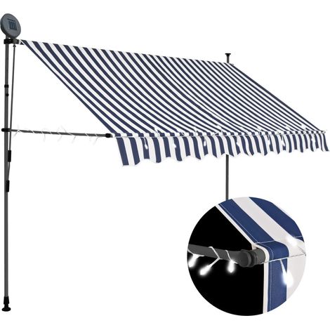 Auvent manuel Store Banne Solaire abri Marquise Brise-soleil rétractable avec LED 300 cm Bleu et blanc LKOWF86873 (1/5)